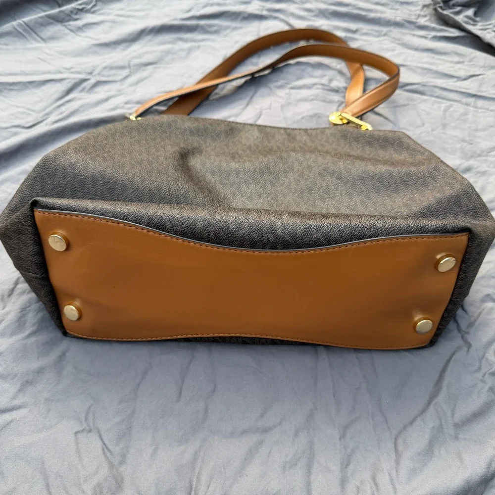 Michael Kors Brown Signature MK PVC Shoulder Tote Bag Acorn Leather Trim Large